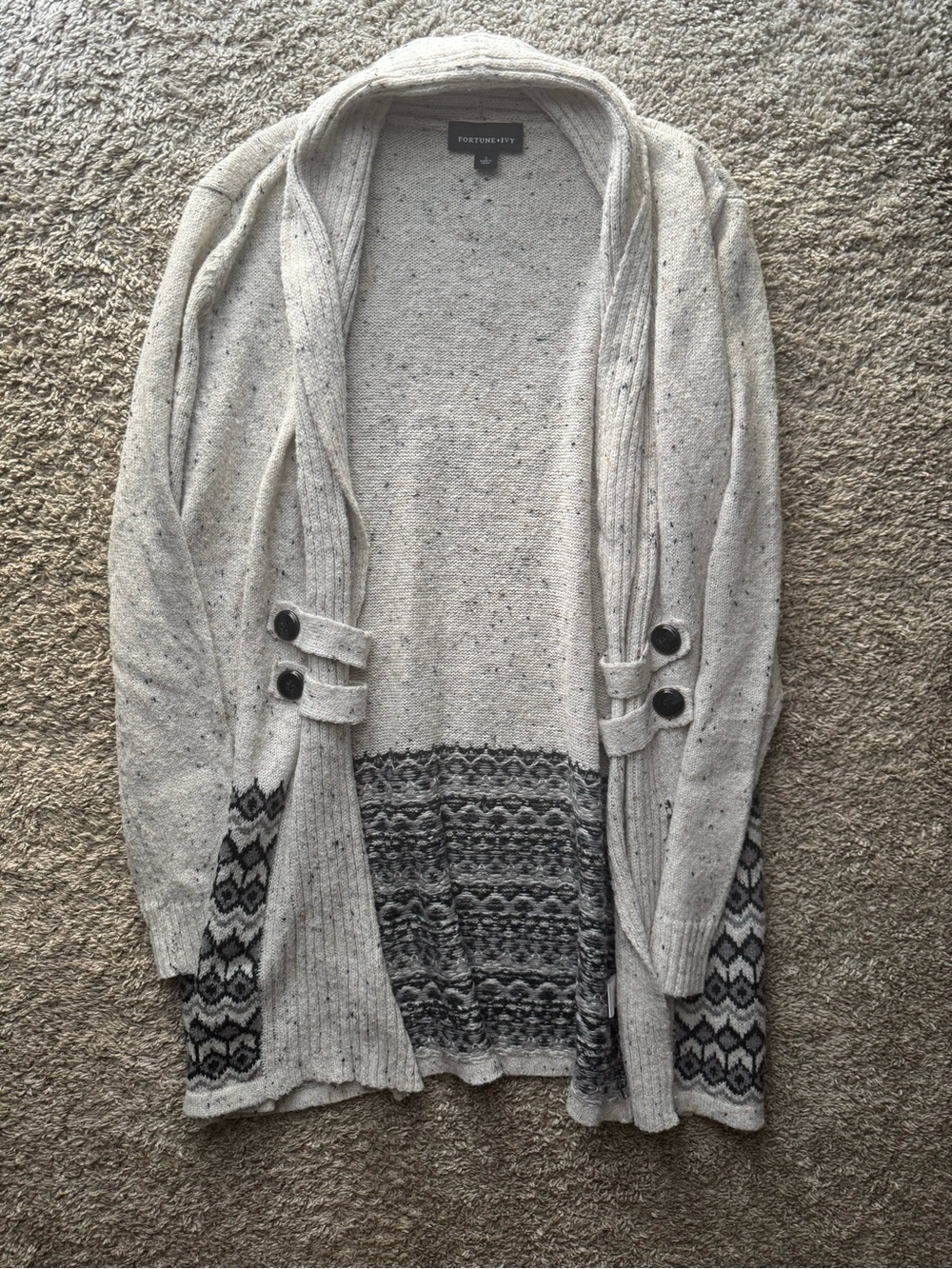 Fortune + Ivy Gray Fair Isle Long Cardigan Sweater Size Small